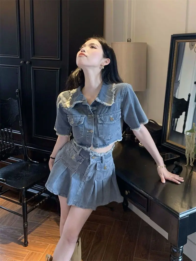 Sweet Spicy Denim Suit Skirt High Street Set Ladies Koran Short Shirt Top Summer Pleated Skirt Korean Fashion Two-Piece Set