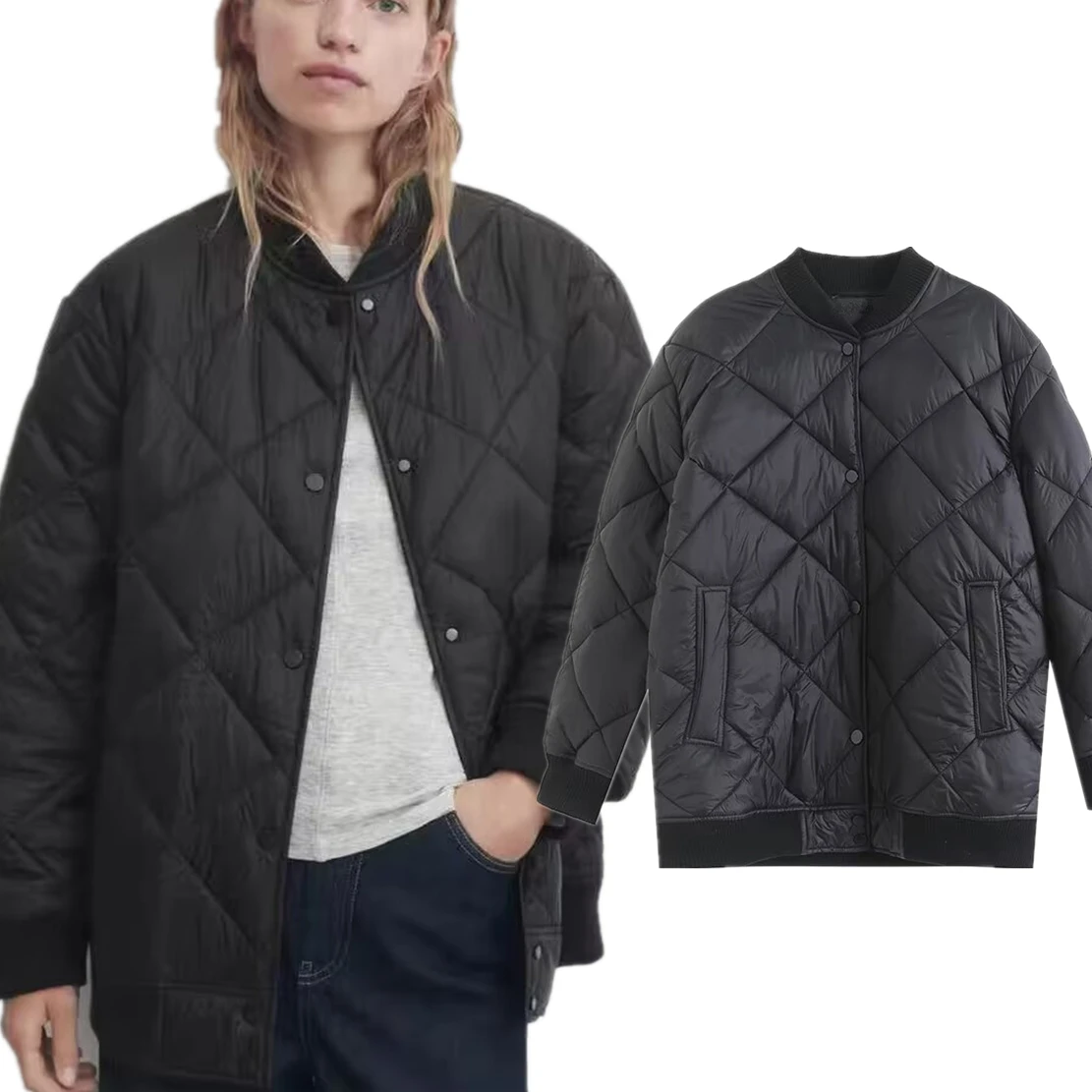 

Dave&Di Autumn And Winter Black Loose Coat Women Jacket Tops New Women's Bomber Quilted Flight Jacket