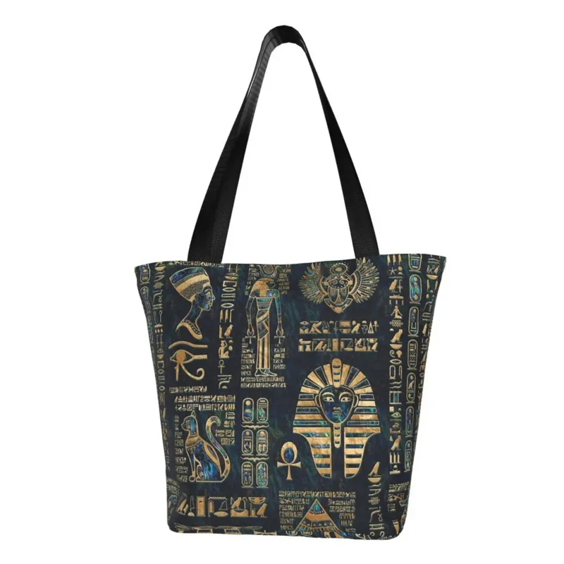 

Recycling Egyptian Hieroglyphs And Deities Shopping Bag Women Shoulder Canvas Tote Bag Durable Groceries Shopper Bags