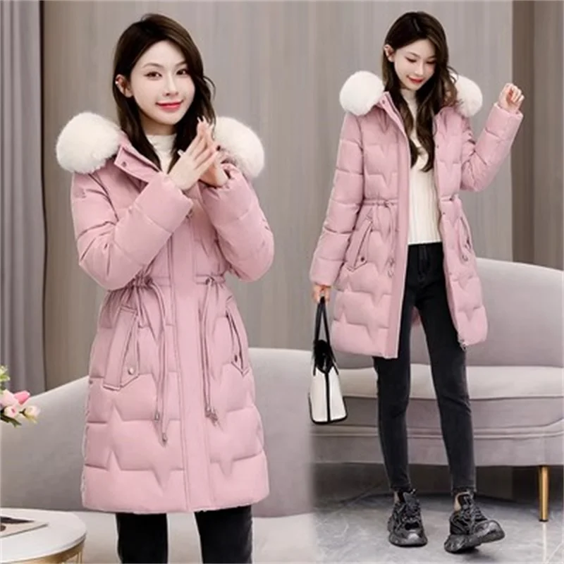2024 Winter Women New Korean Down Cotton Coat  Warm Cardigan  Female Medium Length Loose Thickened Waistband Slim Cotton Jacket