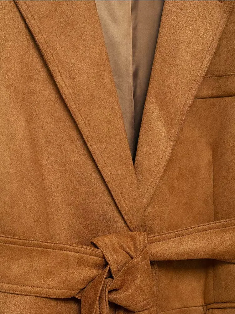 Women's Suede Suit Jacket Long Sleeve Flap Pockets With Belt Blazers Jackets Female Outerwear Chic Tops ﻿
