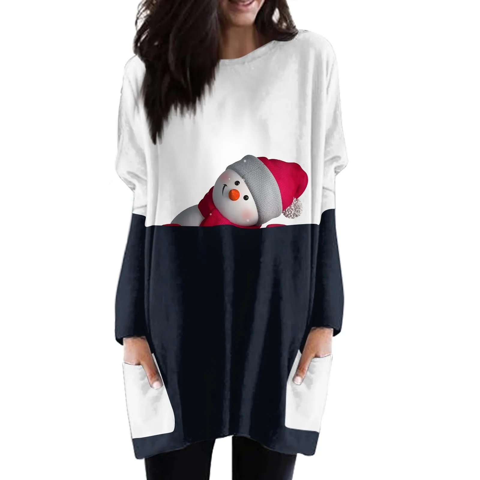 

Women Pocket Long T Shirt Plus Size Christmas Snowman Print Tops Tee Women Long Sleeve Casual Female Blouse 2023 Christmas Top