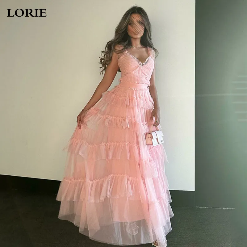 

LORIE Baby Pink Prom Dresses A Line V Neck Spaghetti Straps Tiered Prom Party Gowns 2023 Ankle Length Formal Evening Dress