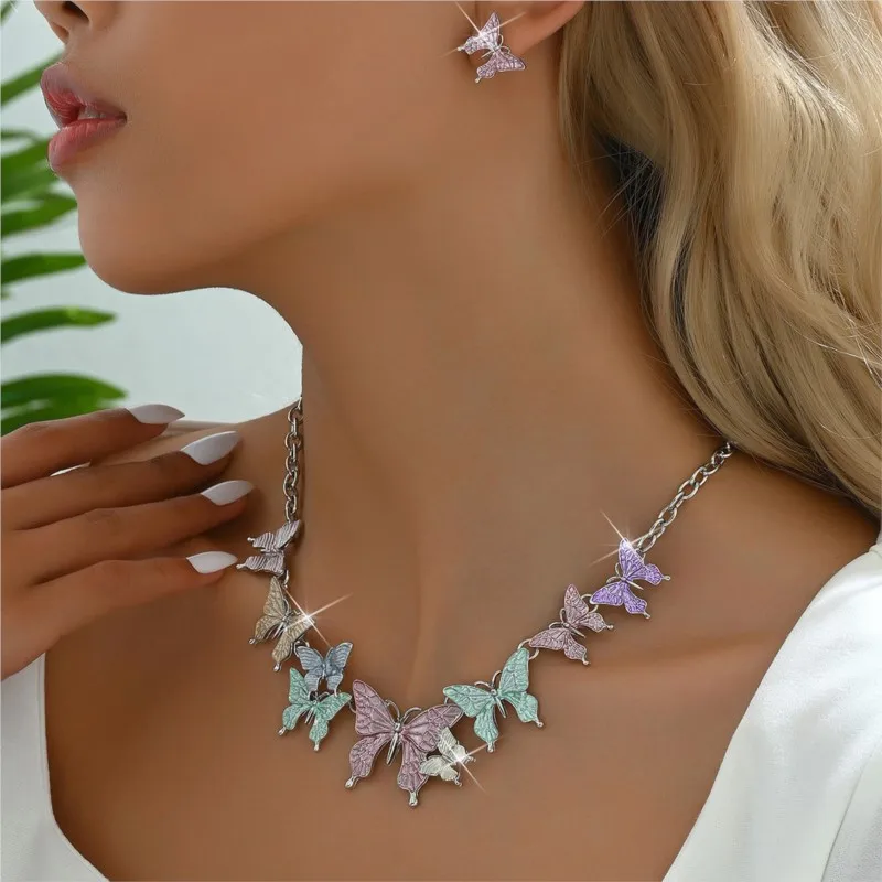 3pcs/set Colorful Butterfly Necklace and Earrings Sets for women Y2K Summer Vacation Jewelry Sets Party Jewelry Accessories