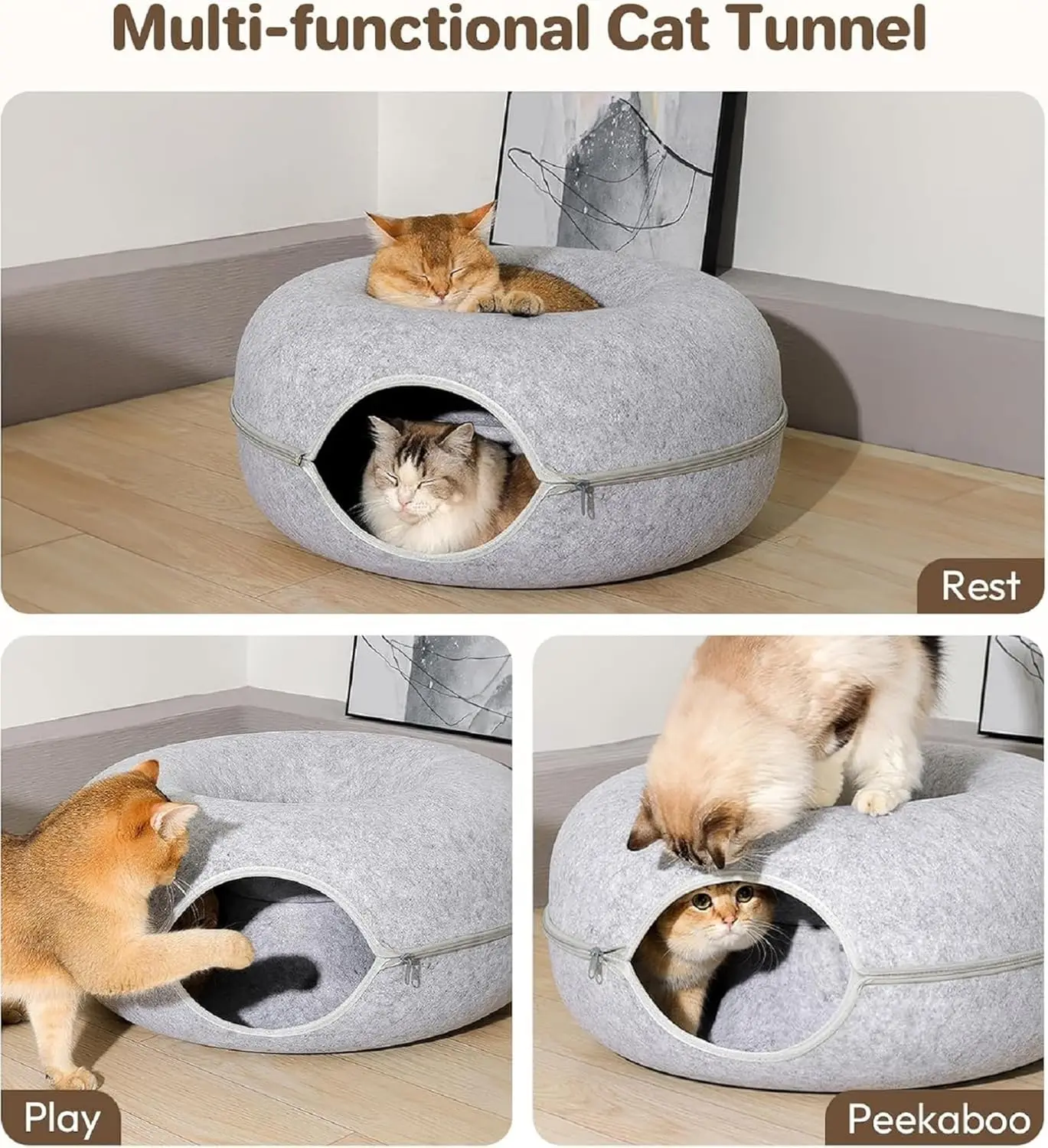 Cat Tunnel Peekaboo Cat Cave Bed for Indoor Cats Cat Donut Tunnel for Pet Cat House Cat Felt & Washable Interior Cat Play Tunnel 5