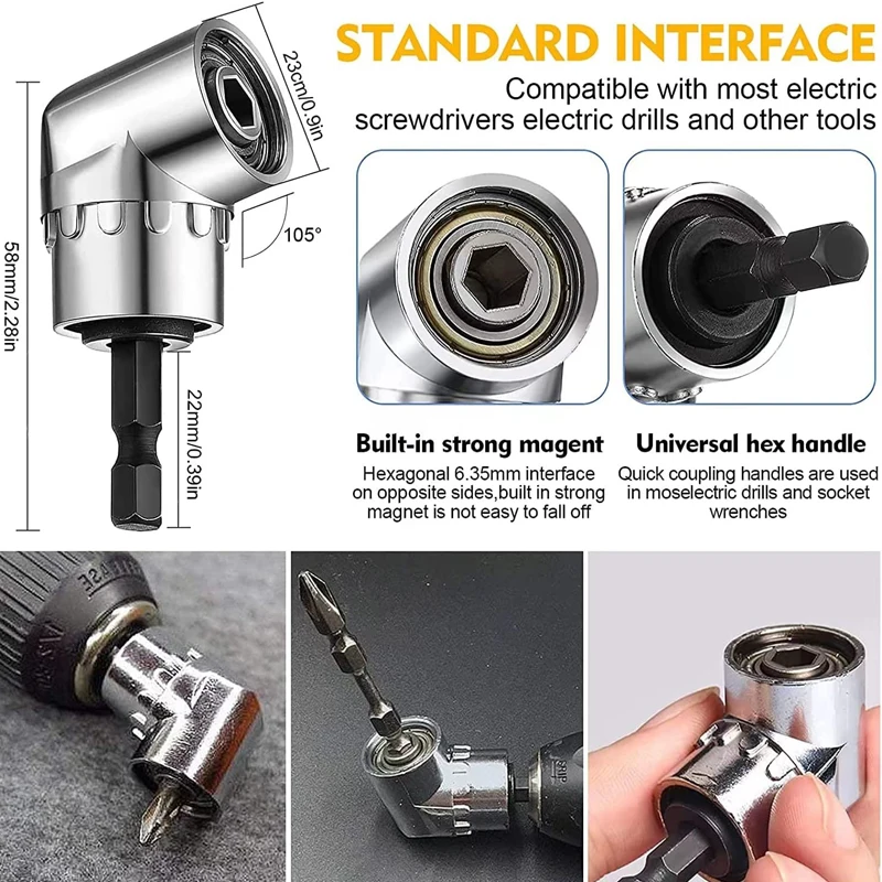 Adaptateur de visseuse d'angle 105 ° (1/4, foret hexagonal) et 3