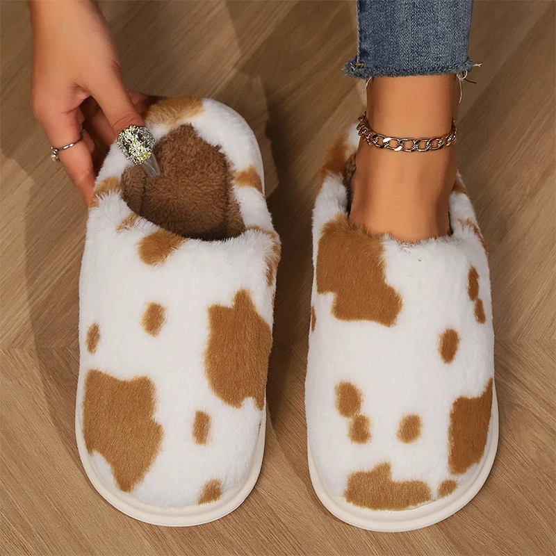 Cute Cow Spots Cotton Slippers for Women Round Toe Thick Sole Plush Slippers Woman Soft Faux Fur Warm Shoes Slides Female Winter