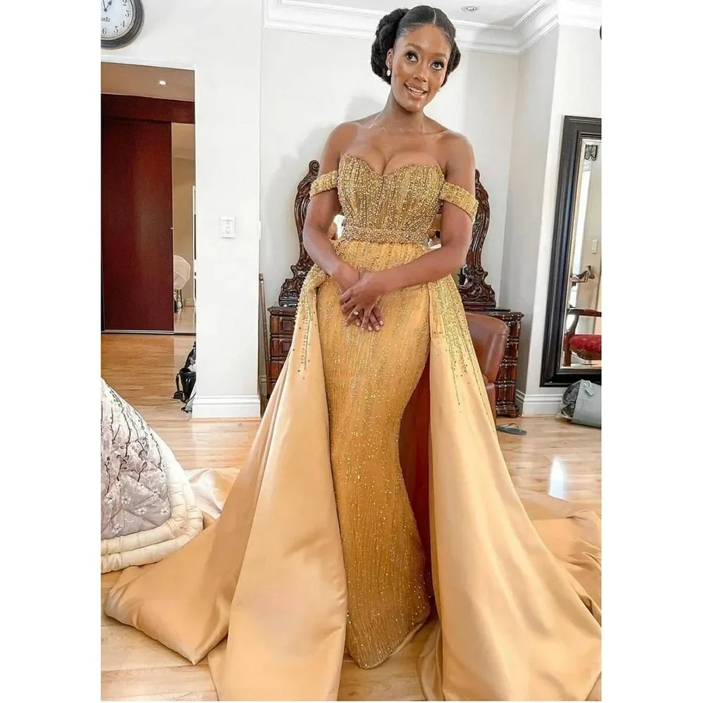 

Off The Shoulder Gold Evening Dresses Detachable Train Crystal Mermaid Formal Evening Party Gowns For Women Celebrity Prom Dress