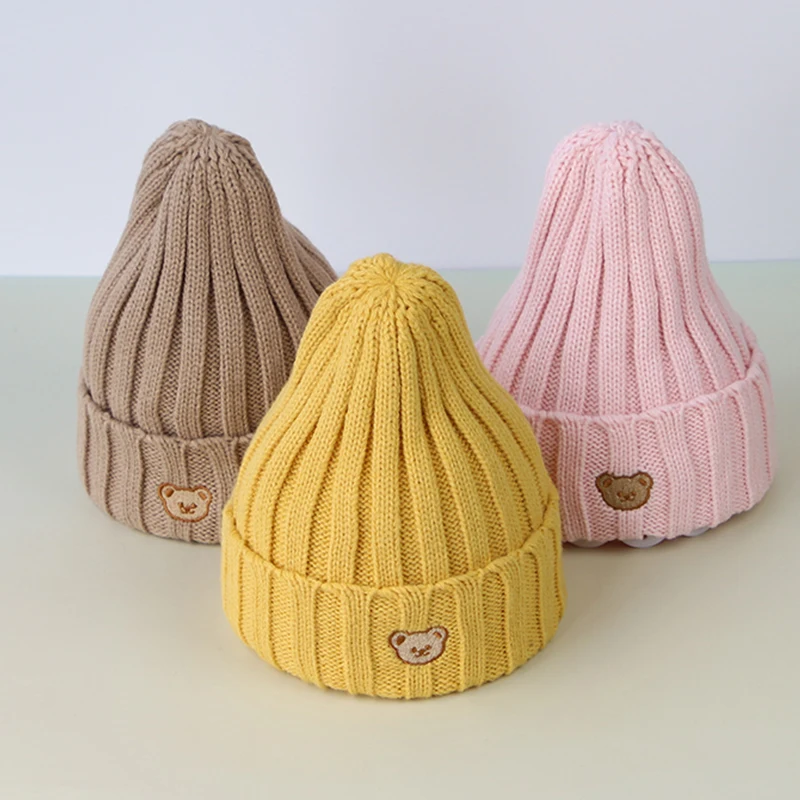 Autumn Winter Baby Hat Solid Color Knitted Warm Kids Toddler Bonnet Hat Cartoon Bear Crochet Baby Girl Boy Beanie Cap 2