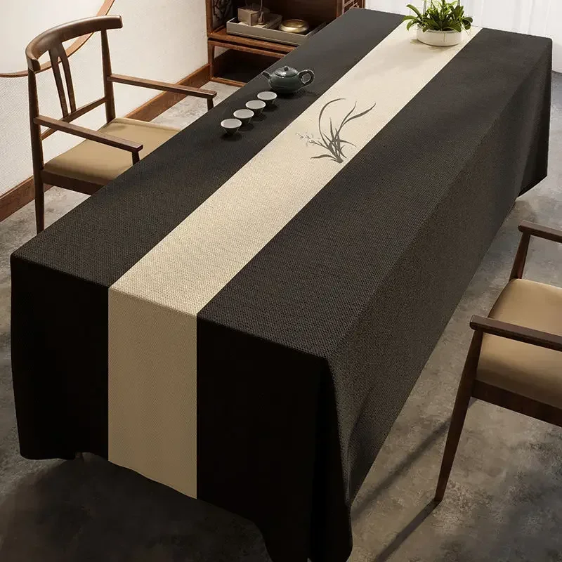 211sy Large conference tablecloth with Chinese embroidery cotton linen solid color tea tablecloth 3