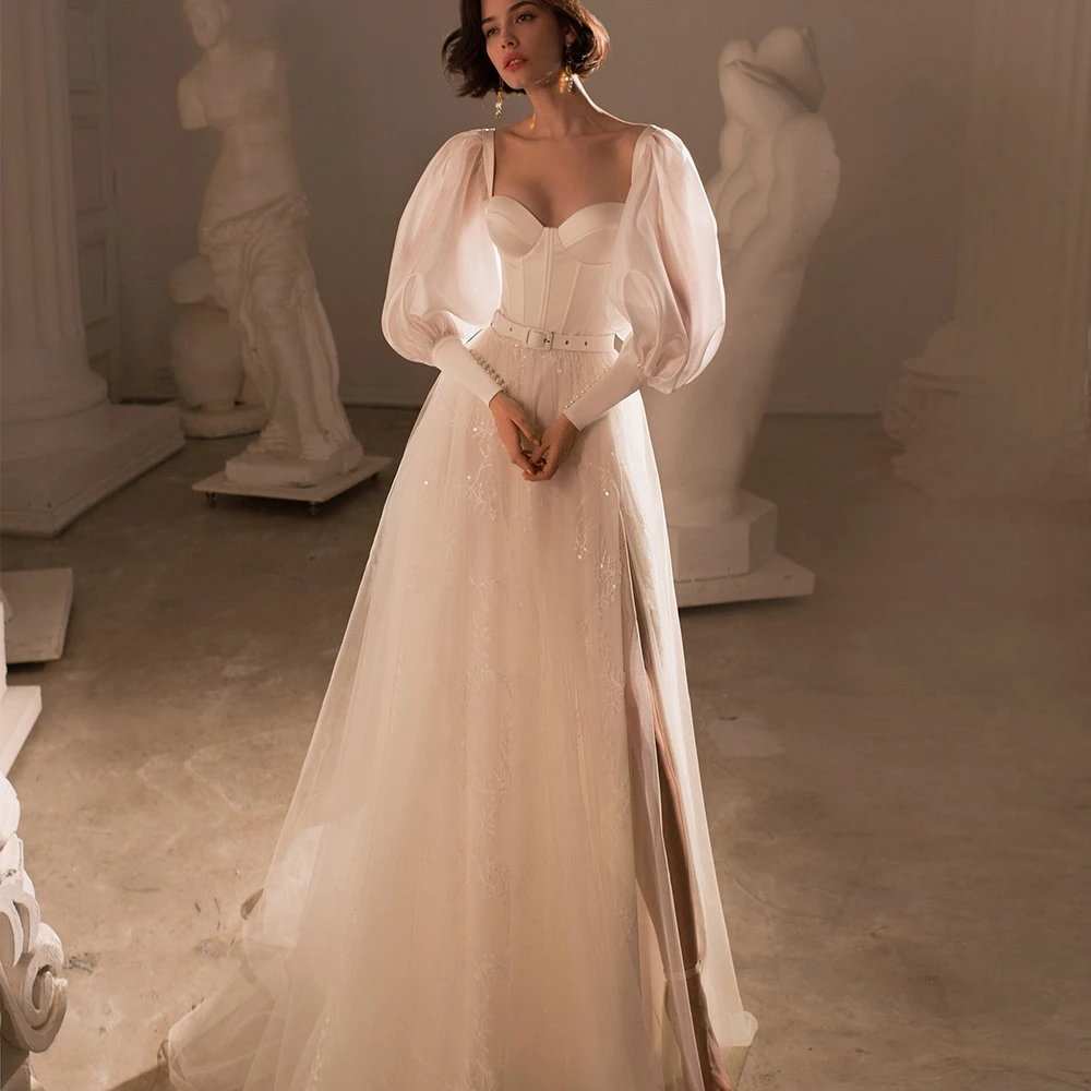 

Elegant White Wedding Dress of Sweetheart and Puff Sleeves with Belt A-Line Floor Length High-end Multi Size Customizable Gown