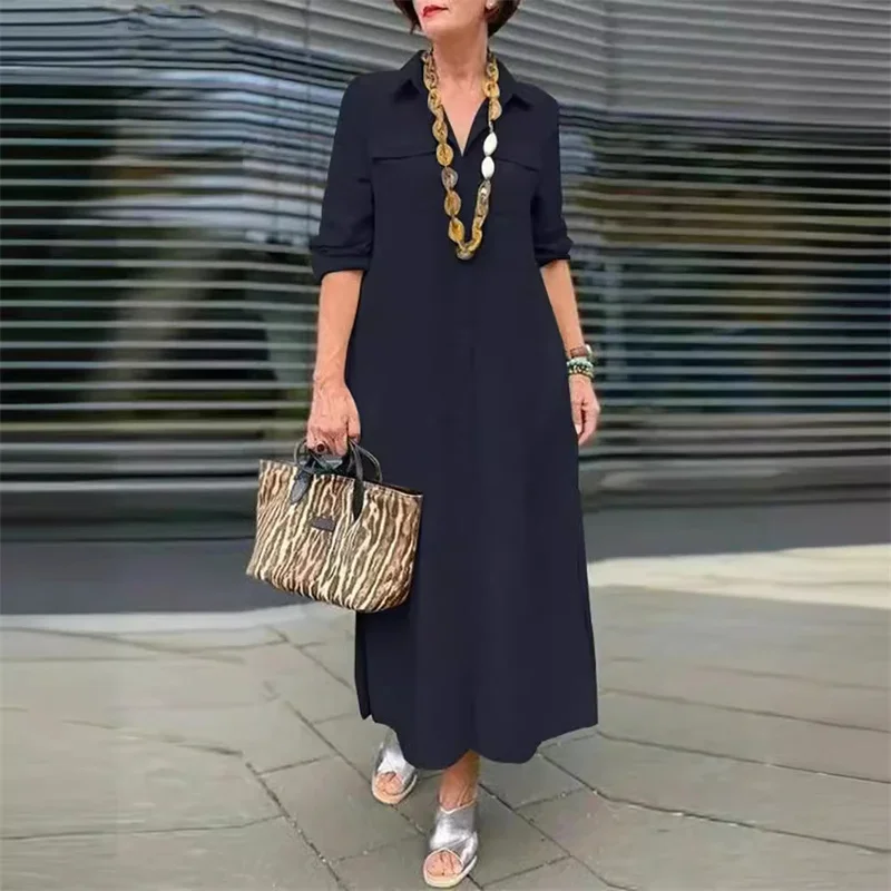 Women Spring Autumn Long Sleeve Lapel Single-breasted Cardigan Dress Double  Pocket Splicing Dresses Elegant Female Commuter Gown - AliExpress 200000345