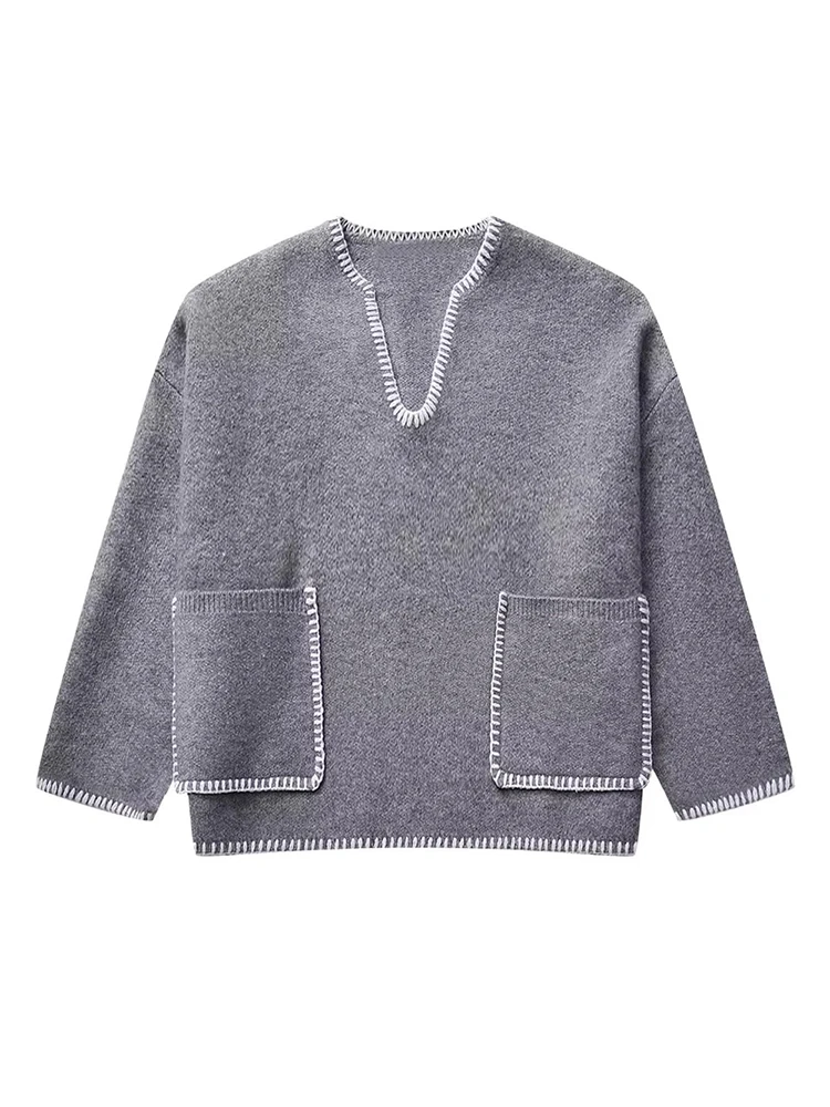 

Женский трикотажный пуловер с V-образным вырезом и двумя карманами