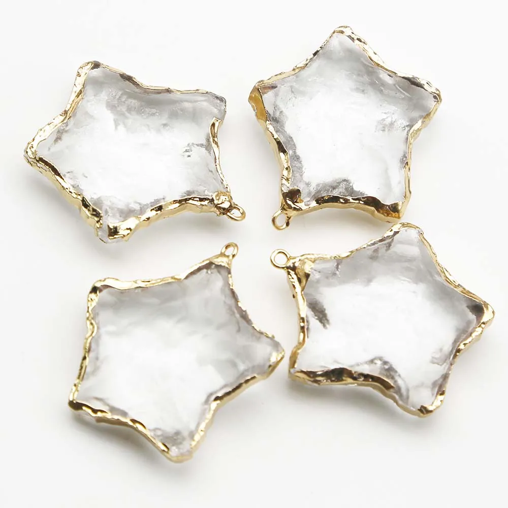 Natural Raw Ore White Crystal Five Pointed Star Gold Eedged Necklace Pendant Earrings Bracelet Jewelry Accessories Wholesale 8Pc