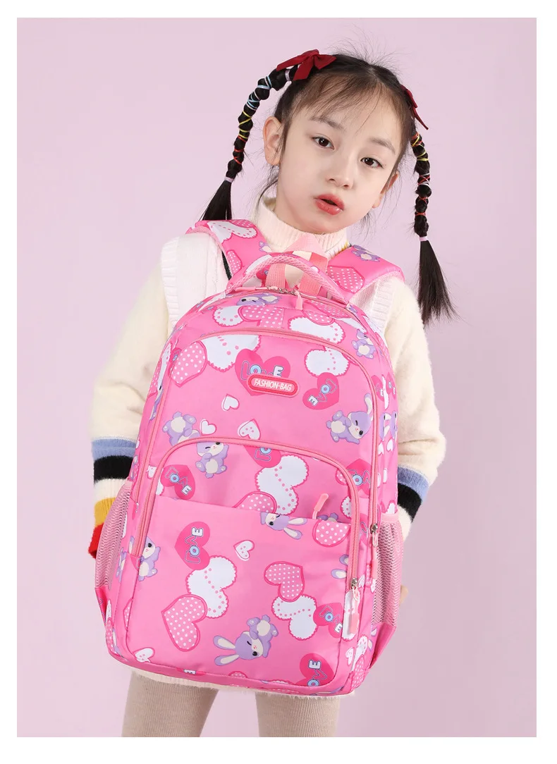 Niedlicher Kaninchen-Rucksack für Grund- und Mittelschüler, süßer Cartoon-Musterdruck, doppelte Umhängetaschen, Geschenke für Mädchen – Detail 15