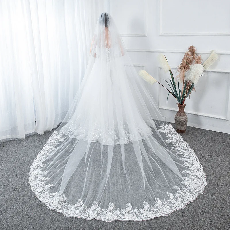 Custom Made Luxury 3M Wedding Veils With Lace Applique Edge Long Cathedral One Layer Tulle Bridal Veil wedding accessories