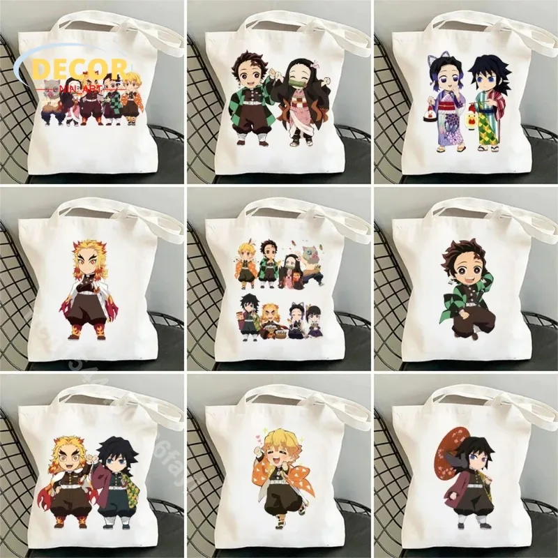 

Cute Cartoon Kimetsu Canvas Bag No Yaiba Anime Demon Slayer Printed Tote Bags Women Shopping Large Capacity Reusable Handbags