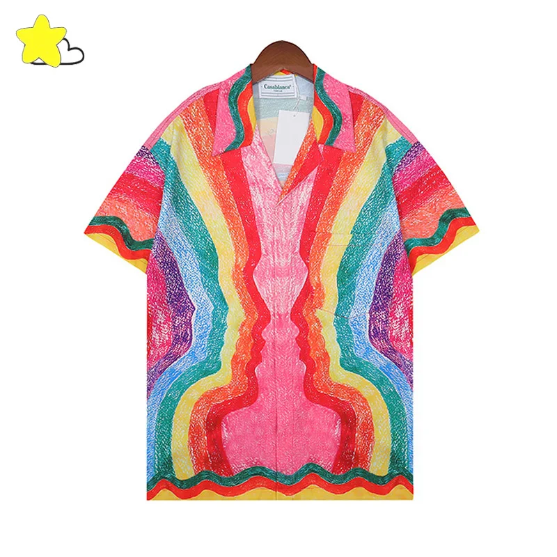 

Men Women Hip Hop Abstract Color Lines Rainbow Full Print CASABLANCA Shirts Men Women Hawaiian Casual Shirt V-Neck Tops