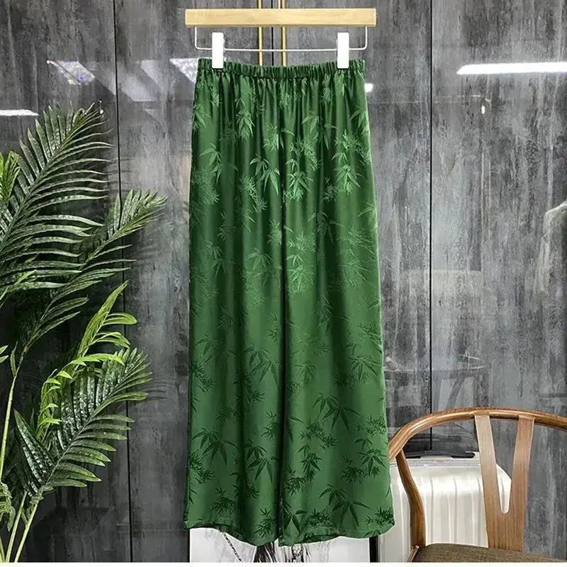 

Spring Summer Solid Color Wide Leg Trousers Women High Street Fashion Casual Loose Elastic Waist Jacquard Weave Straight Pants