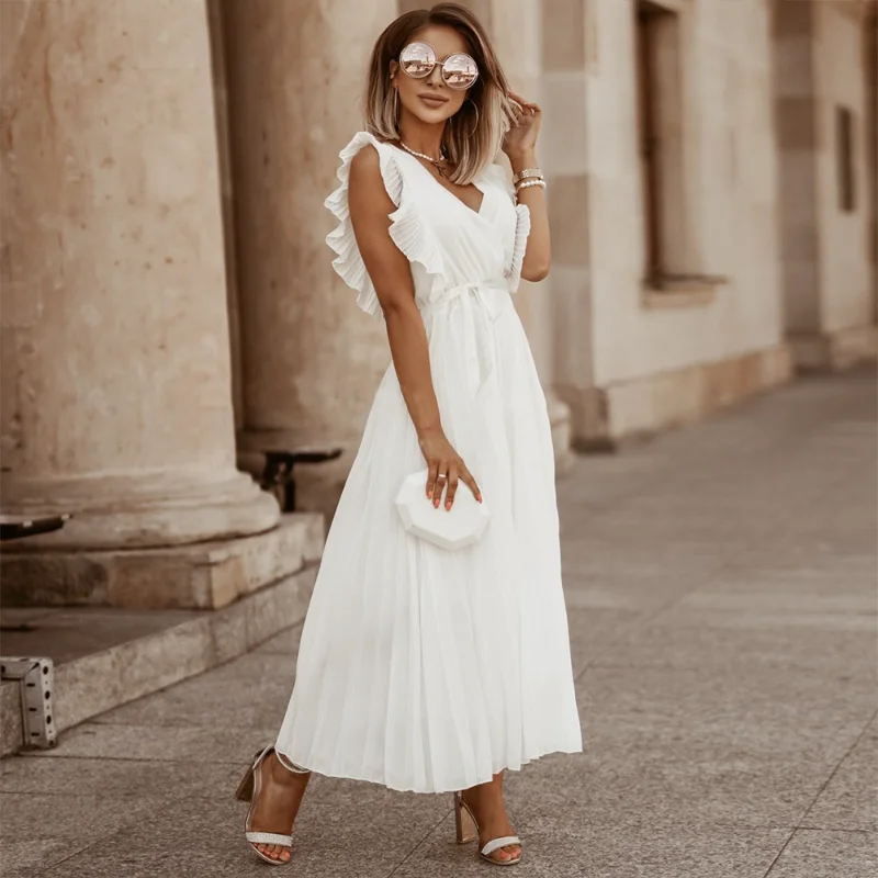 

2023 New Summer Fashion European and American Sexy V-neck Solid Vacation Beach Party Long Dresses for Women
