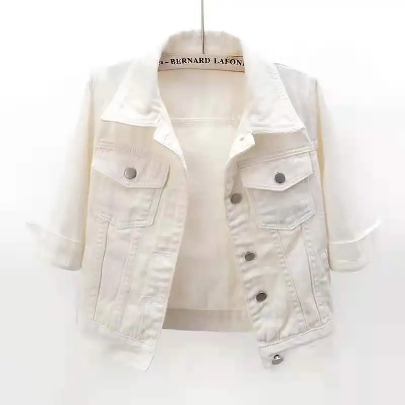 

New Spring Autumn Women Denim Jacket Tops Pink Color Solid Short Multicolor Feminino Three Quarter Sleeve Jean Jacket Size S-5XL