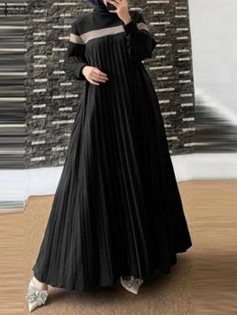 ZANZEA Women Color Block Pleated Dress Elegant Long Lantern Sleeve Patchwork Muslim Fashion Abaya Islamic Hijab Casual Long Robe