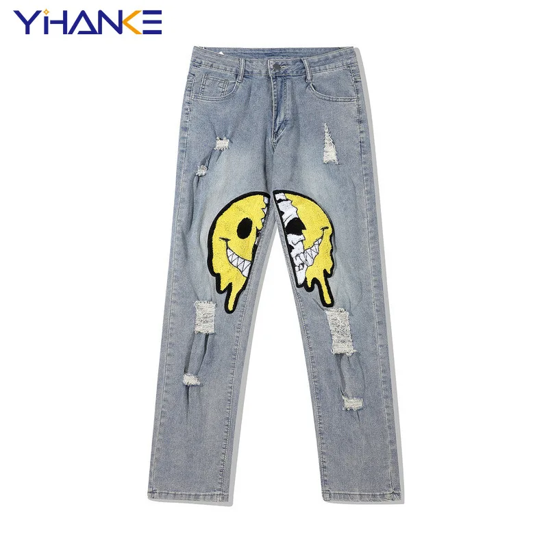 YIHANKE Smiley Face Embroidery Hole Ripped Retro Men Pencil Jean Trouser Punk Hip Hop Slim Denim Pants Streetwear Pantalon Homme |