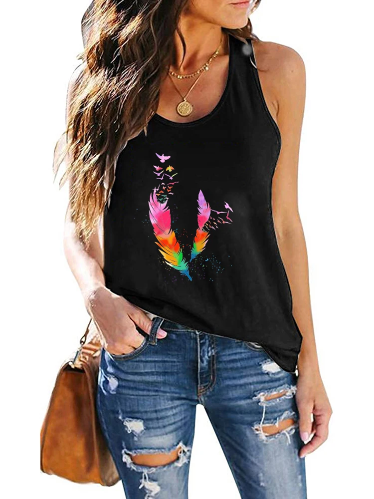 

Seeyoushy Harajuku New Women Tank Top Color Feather Print Ladies 90s T-shirt Sleeveless Summer Loose Ladies Ropa Aesthetic Top