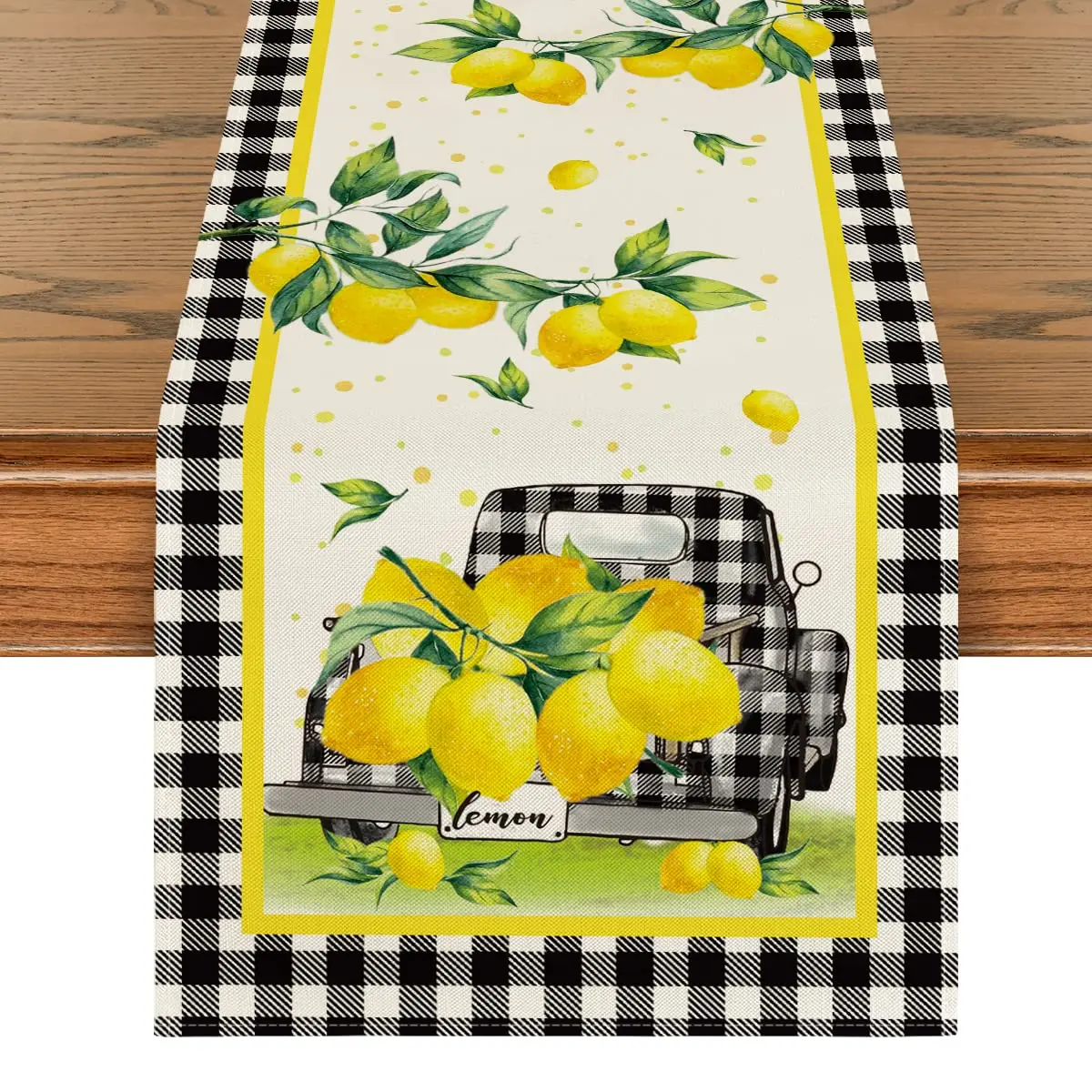 

Watercolor Buffalo Plaid Truck Lemon Summer Table Runner, Seasonal Spring Kitchen Dining Table Decoration for Home Party Decor