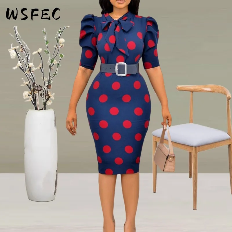 wsfec-pencil-dresses-for-women-2023-spring-summer-clothing-dot-bowknot-short-sleeve-bodycon-business-office-elegant-midi-dress