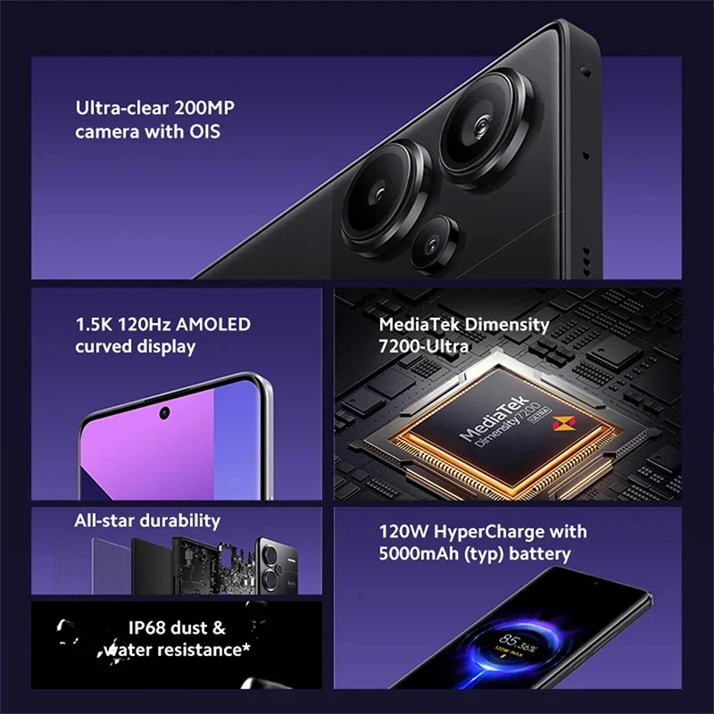 Xiaomi Redmi Note 13 Pro Plus 5G Globale Versie 256Gb/512Gb Mediatek Dimensity 7200-Ultra 6.67 ''3d-gebogen 1.5K 120Hz Display ,120W Hypercharge 200mp Camera Met Ois Nfc