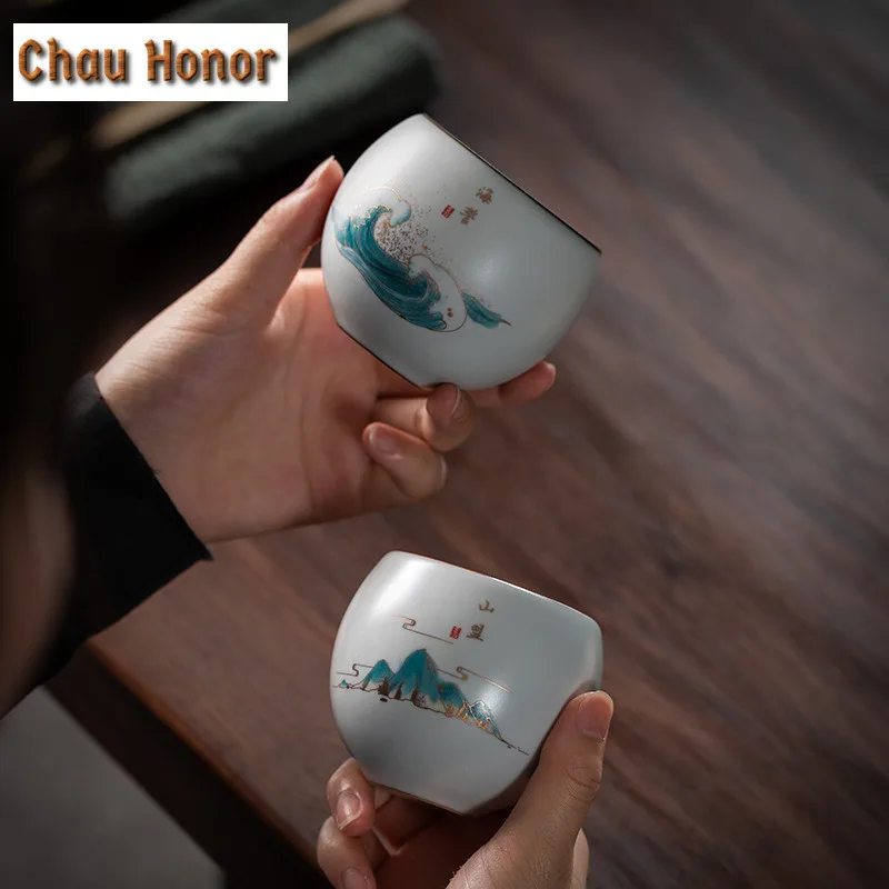 2pc130ml High-end Ru Kiln Chinese Ceramics Tea Cup  Household Kung Fu Tea Set Tea Ceremony Accessories Drinkware Gift Packaging