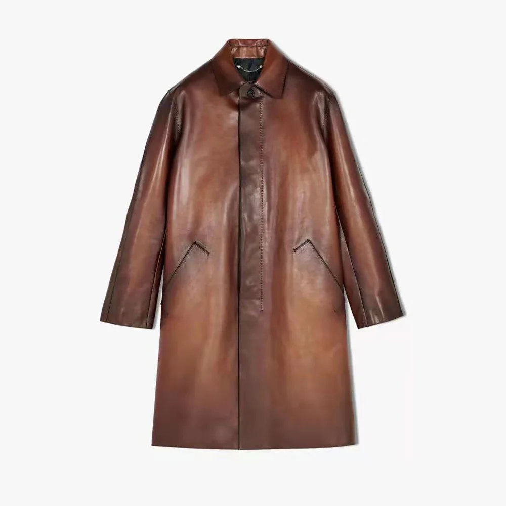

Brown Long Leather Trench Coat #wfmde010