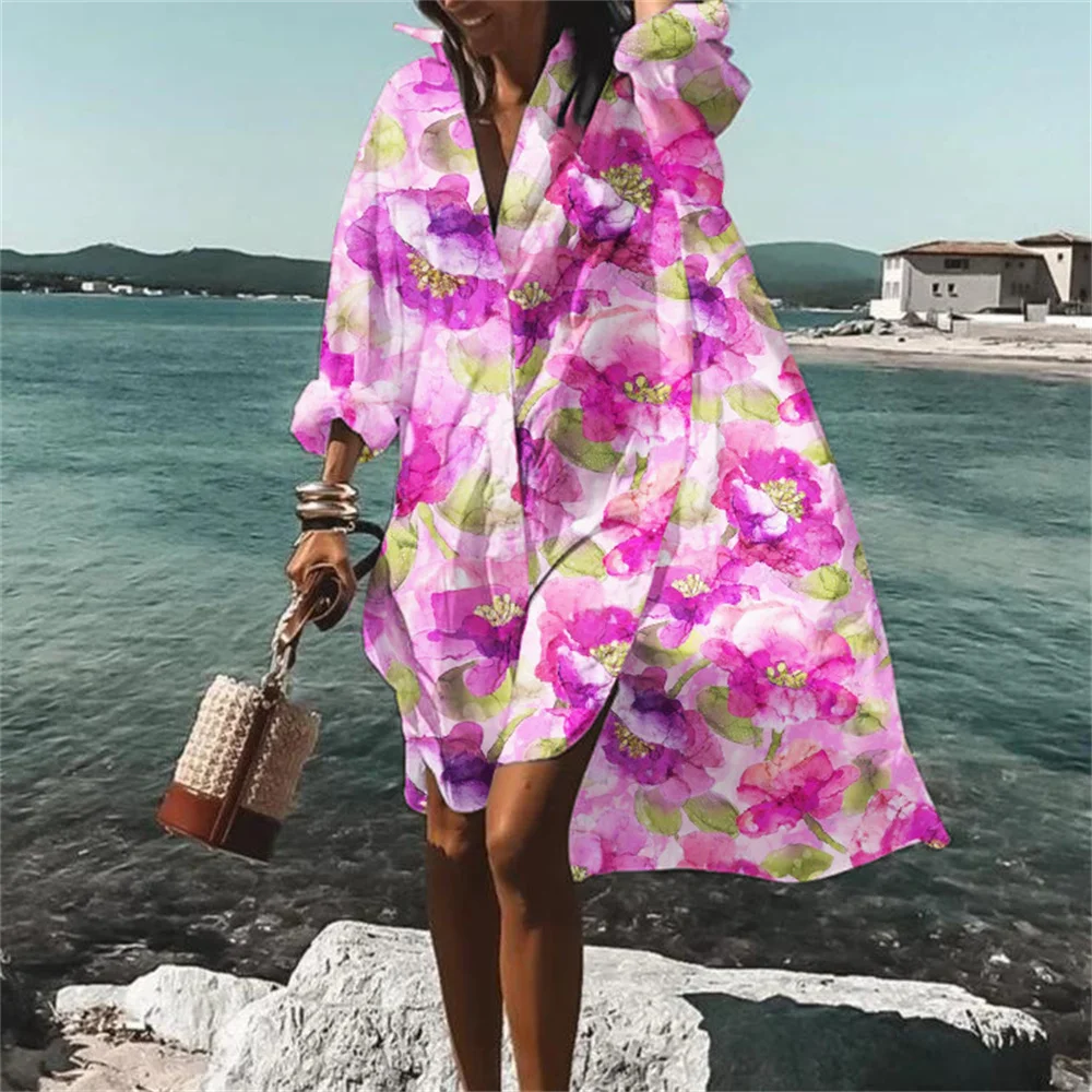 

Summer women's Pattern Printed Beach Holiday Blouse Casual Bohemian Shirt Dress Lady's Party Dresses Evening Dress y2k Clothing