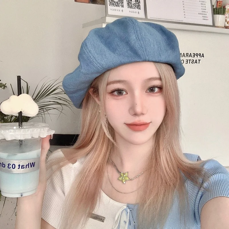 

Популярные голубые джинсовые береты Ins, сезон весна-осень, тонкие женские шляпы с большой головкой, кепка художника, японская облачная шляпа