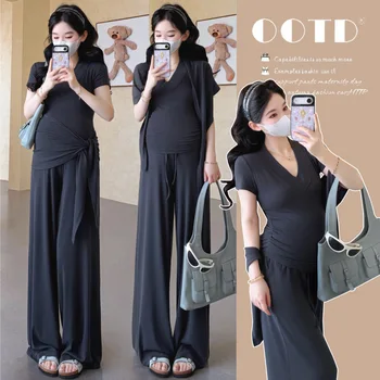 Maternity Suit Summer 2026 Soft Comfortable Breathable V Neck Short Sleeve T Shirt with Shawl and Wide Leg Pants Three Piece Set
