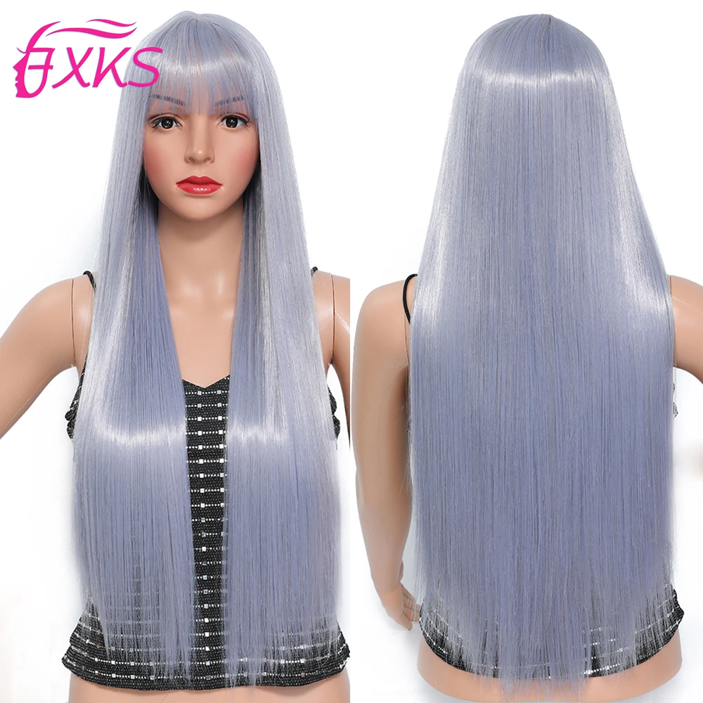 Gray Long Straight Hair Synthetic Wigs With Bangs Silver Brown Light Pink  Synthetic Hair Wigs High Temperature Fiber 28Inch FXKS|Synthetic None-Lace  Wigs| - AliExpress