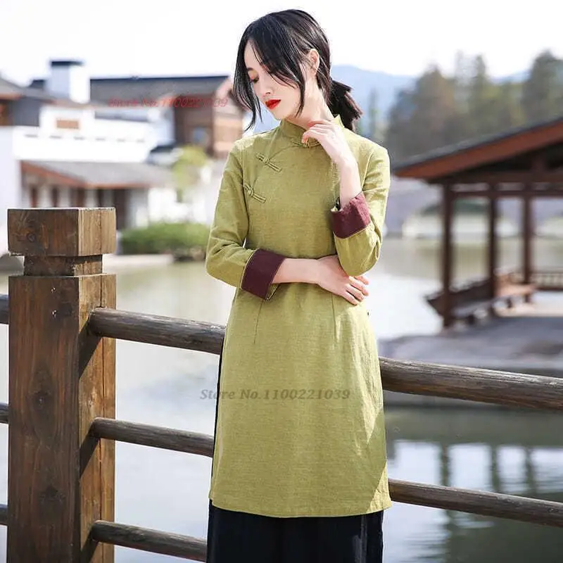 Traditional Chinese Improved Qipao Vintage Cotton Linen Hanfu Tops Meditation Blouse Traditional Chinese Ethnic Zen Suit