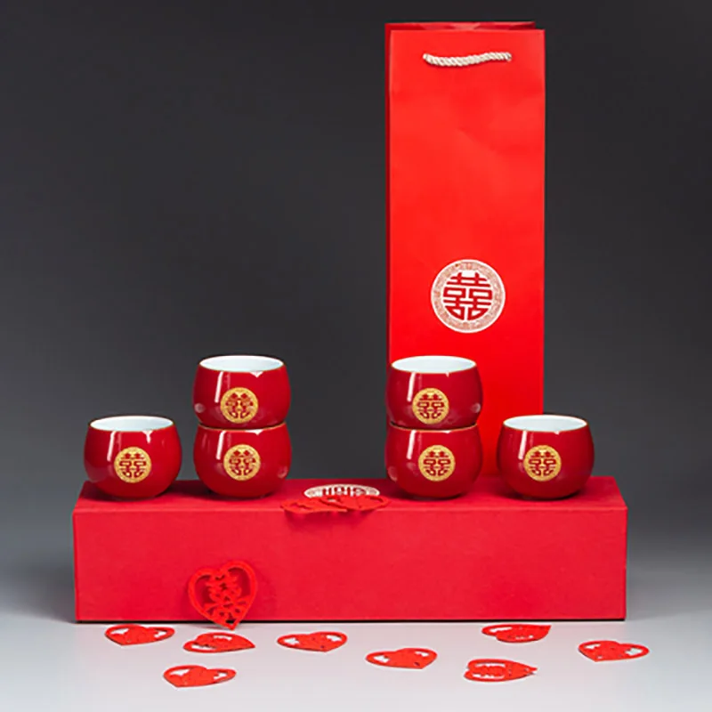 Ceramics Chinese Traditional Red Wedding Tea Cup Porcelain Teacups Luxury Souvenir Marriage Gifts For Bride and Groom