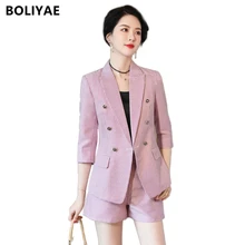 

2022 Women Fashion Vintage V Neck Two Pieces OL Middle Sleeve Office Lady Jacket Slim Blazer Coat Female Hight Waist Shorts Suit