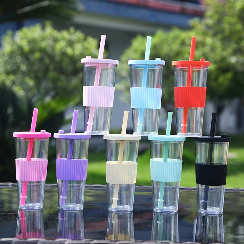 Reusable Double-layer Plastic Coffee Cup With Straw And Sleeve_voghion.com