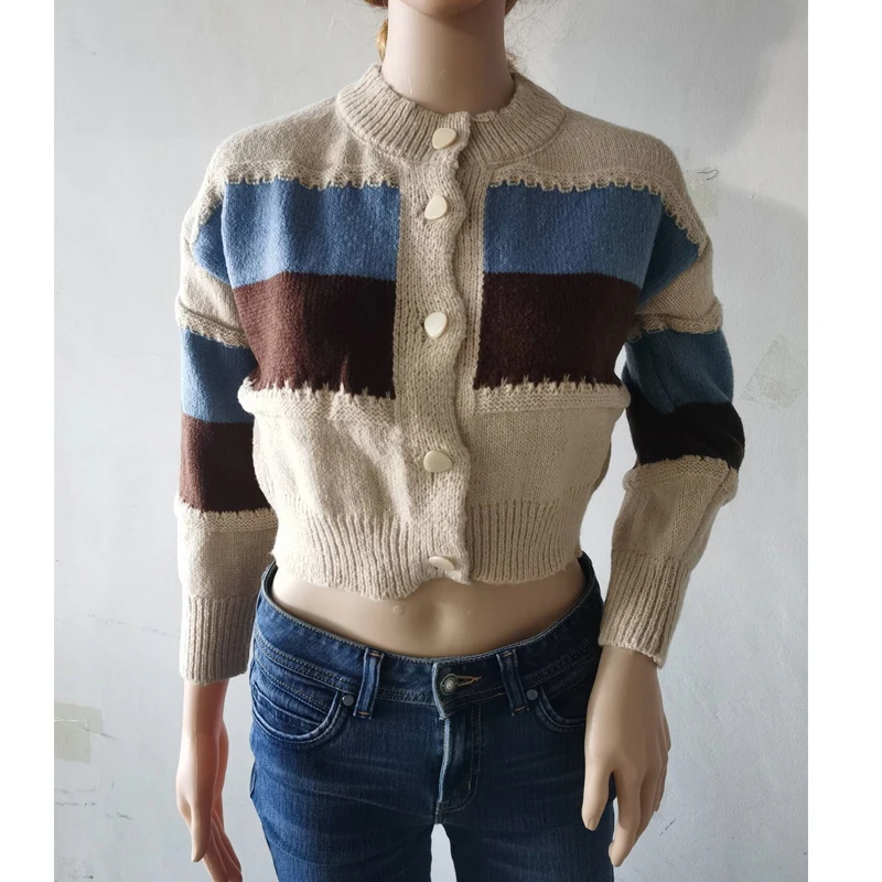 Fashion New Autumn and Winter Contrast Colors Women's Long Sleeve Crew Neck Cardigan Top Fashion Elegant Small Knitwear Top