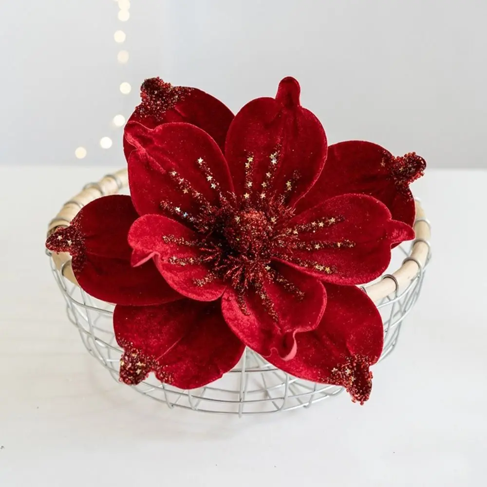 New Artificial Poinsettia Glitter Flower 25cm Sequin Christmas Fake Flowers 3D Simulation Magnolia Photography Props Party Decor