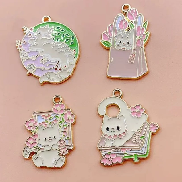 Enamel Flower Cat Charms For Jewelry Making Craft Necklace Pendant