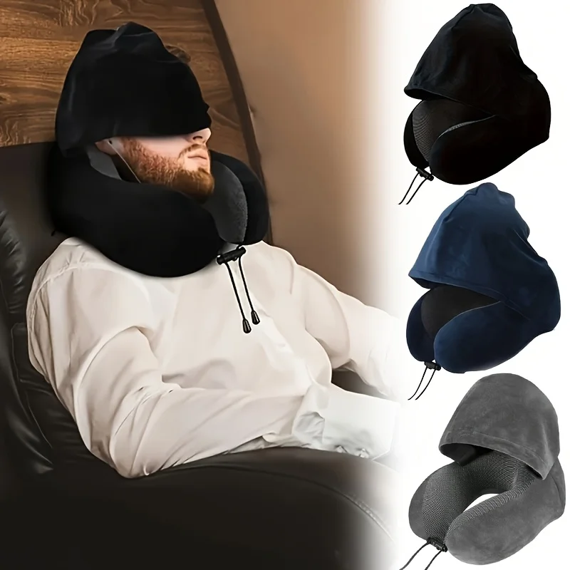 Hooded Adjustable U-Shaped Travel Neck Pillow with Polyester Fill