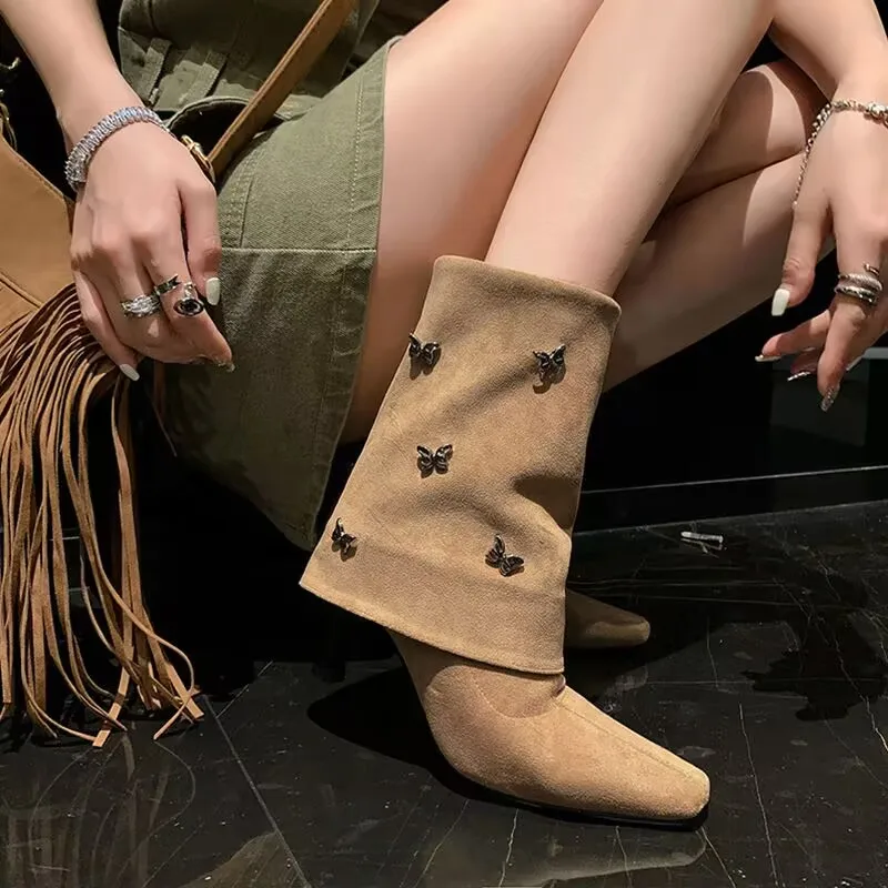 

Autumn and Winter Popular Suede Tubing Boots Casual Medium Tubing Boots Square Toe Thin Heel High Heel Bow New Knight Boots Girl