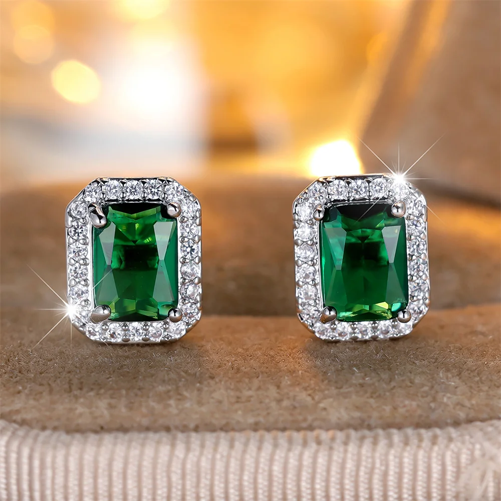 Luxury Crystal Green Zircon Square Stone Small Stud Earrings For Women Vintage Silver Color Versatile Jewelry Wedding Party Gift