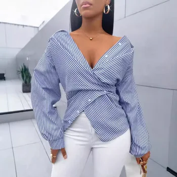 Women's Shirts 2025 Spring Summer Striped Printed New Fashion Loose Casual Blouses Irregular Cross Long-sleeved Design Sense Top