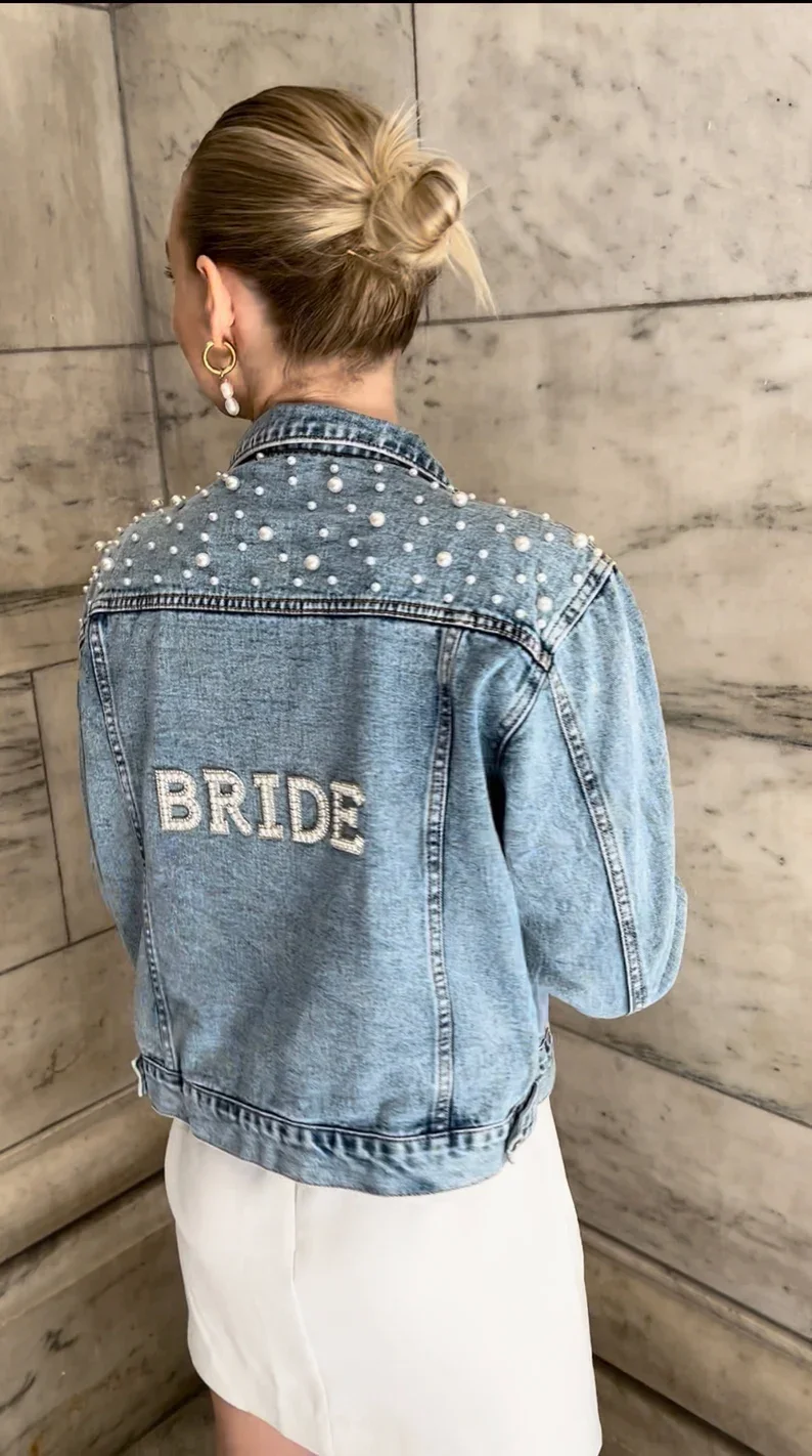 BRIDE Rhinestone and Pearl Denim Jacket Custom Mrs. Jean Jacket Wifey Denim Personalized Bridal Wedding Jacket Bride to Be Coats