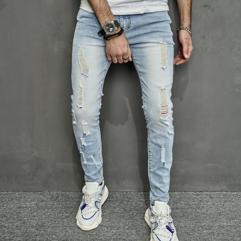 

2023 new men's frayed jeans fashion slim stretch trend men's jeans trend 、